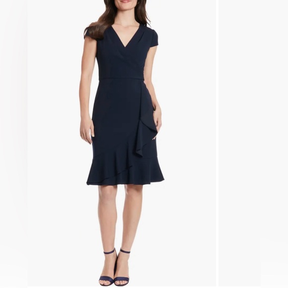 Maggy London  Cap Sleeve Ruffle Faux Wrap Elegant Navy Blue Classic Capsule - Picture 1 of 9
